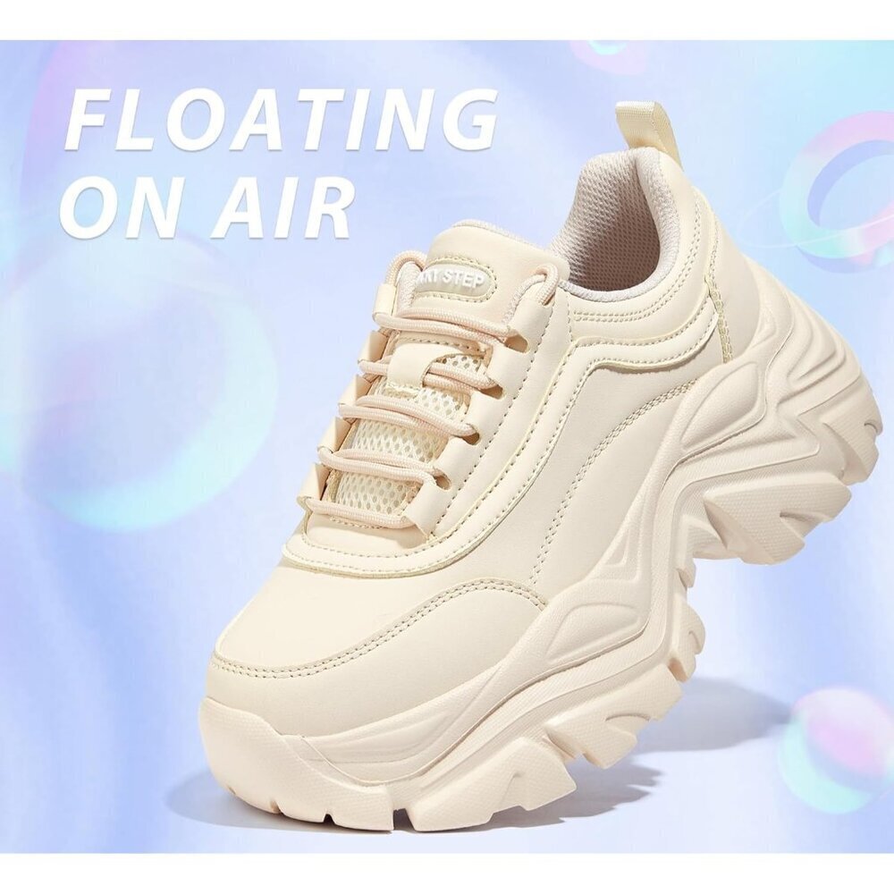 Lucky Step Women Beige Rhinestone Lace Up Chunky Dad Casual Walking Sneakers - Picture 3 of 9
